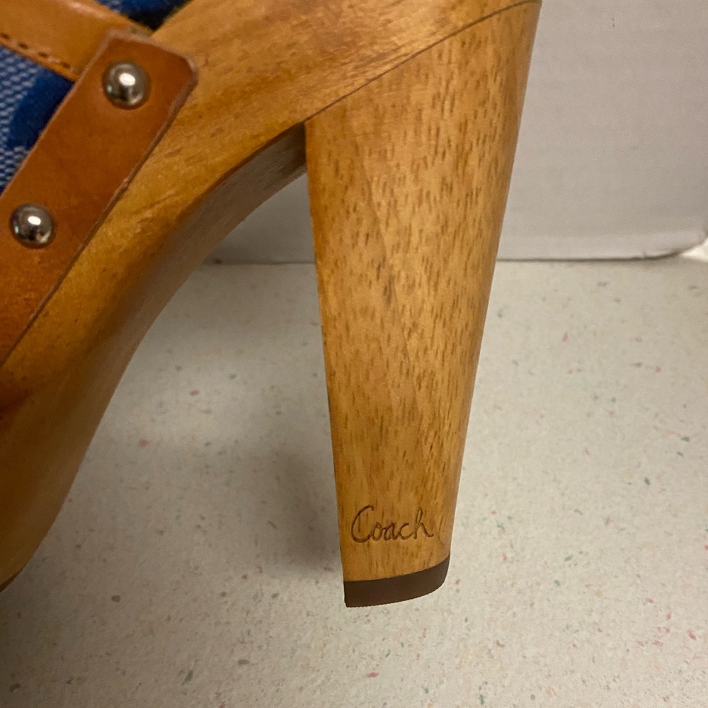 Coach VTG Bacall Blue Signature Pattern Wood-Platform Clogs - Picture 6 of 8
